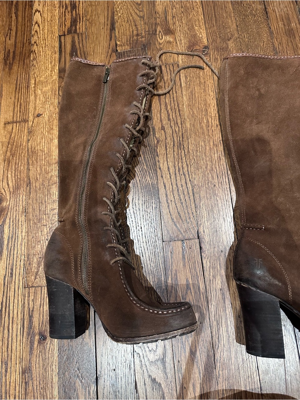 Frye Brown Suede Knee-High Lace-Up Block Heel Boots - Picture 7 of 9